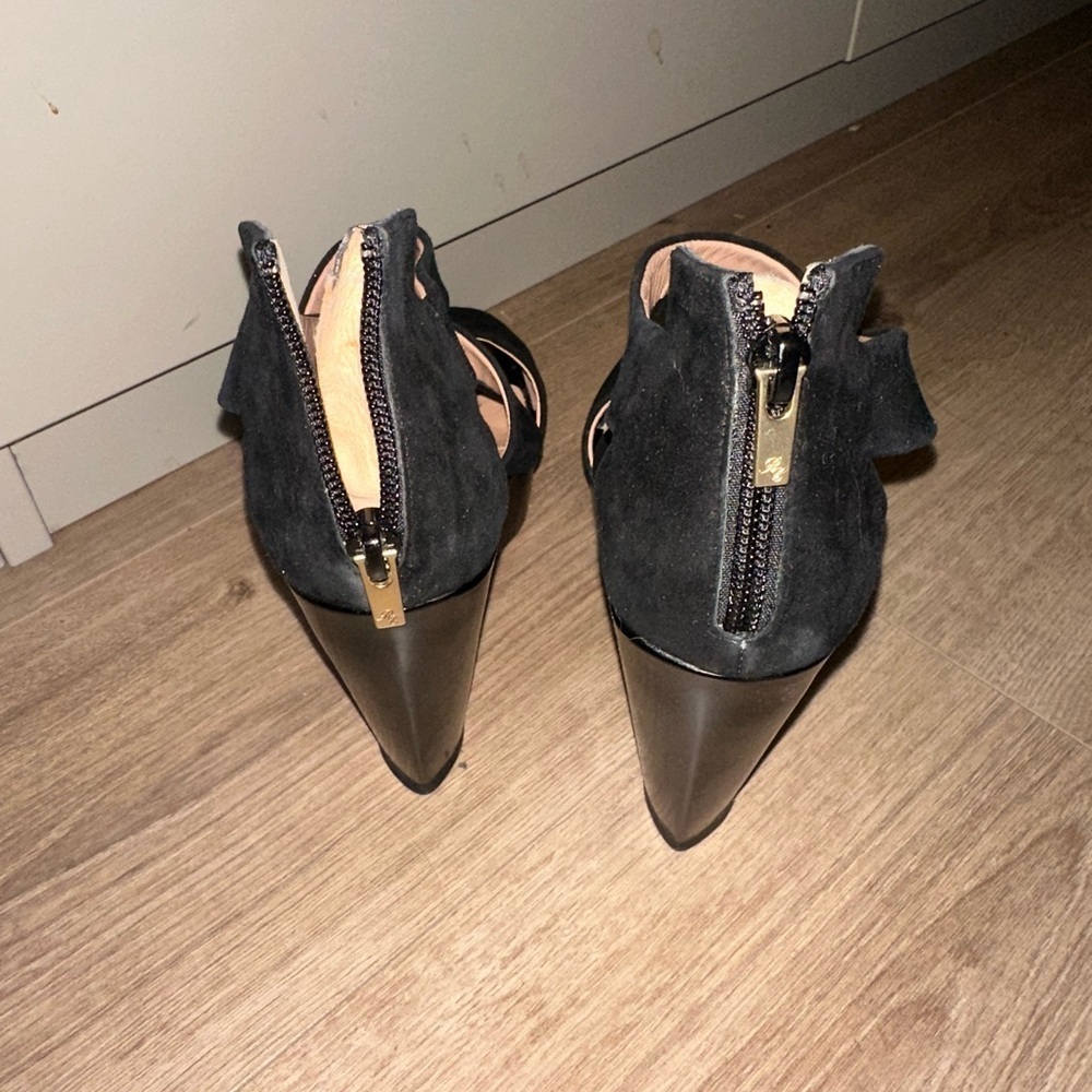 Robert Clergerie Black Suede Peep Toe Wedges Size 37 - Picture 6 of 7